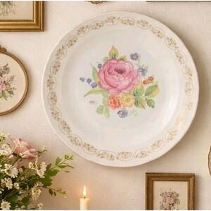 VTG 9.5" Royal China Daisy Ann Pink Rose Floral Plate 22K Gold Trim Cottagecore